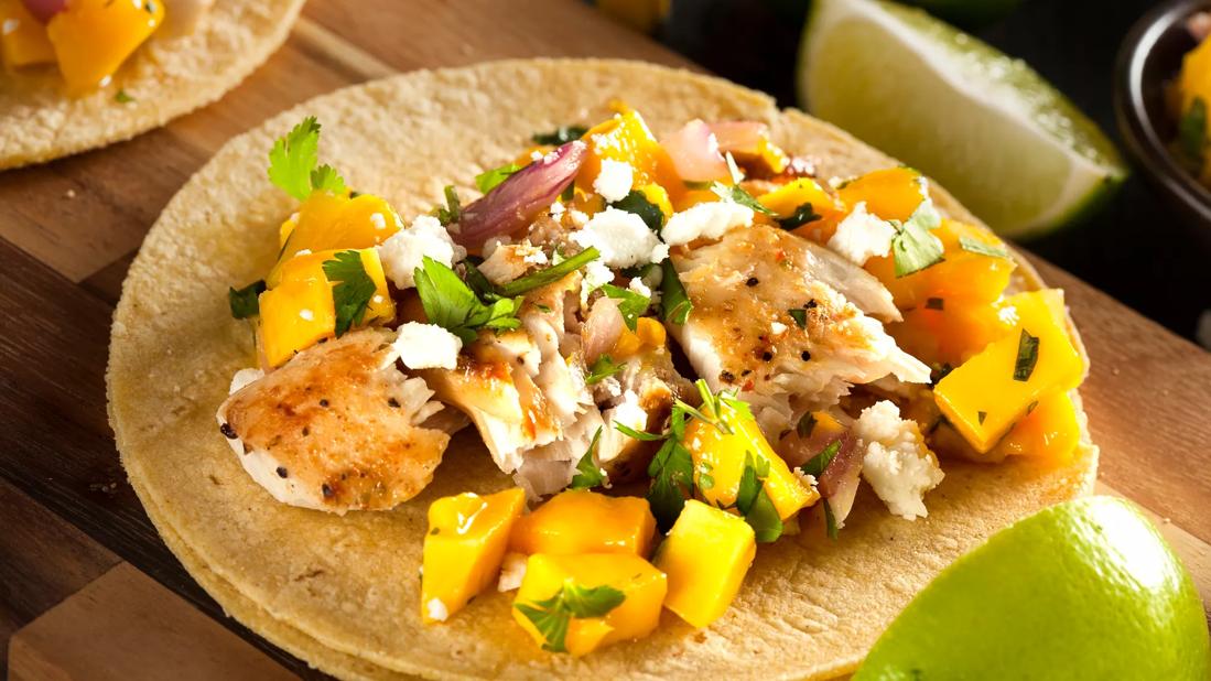 Fish and mango soft taco