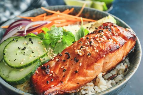 Salmon over rice with veggies