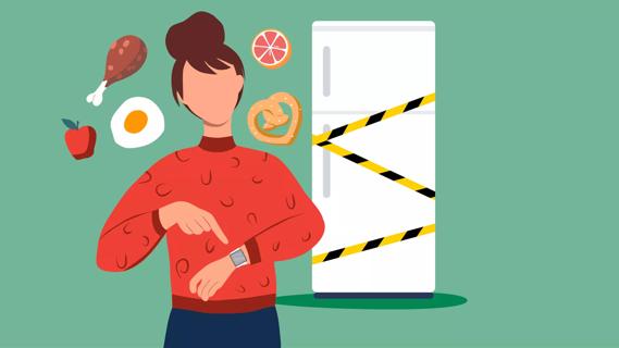 person standing in front of taped off refrigerator thinking about food and watching the time