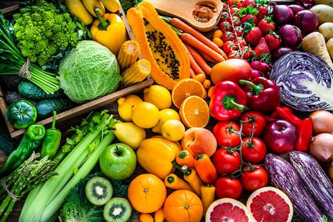 Assorted fruits and vegetables in variety of colors