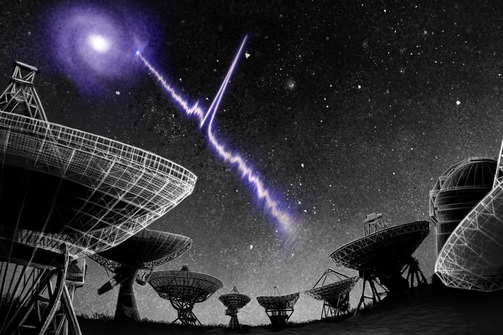 An artist's impression of a fast radio burst being detected by radio telescopes. The home galaxy image is based on real images, and the signal is visualized from real data