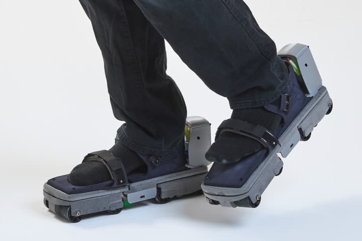 The Freeaim VR Shoes in their current prototype form – each shoe has two motorized four-wheeled modules that can pivot relative to the rest of the shoe