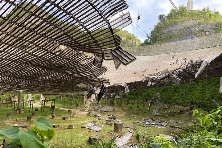 The damage caused to the Arecibo Observatory by a broken cable