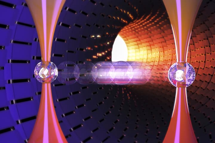 An artist's impression of an atom being thrown from one optical trap to be caught in another