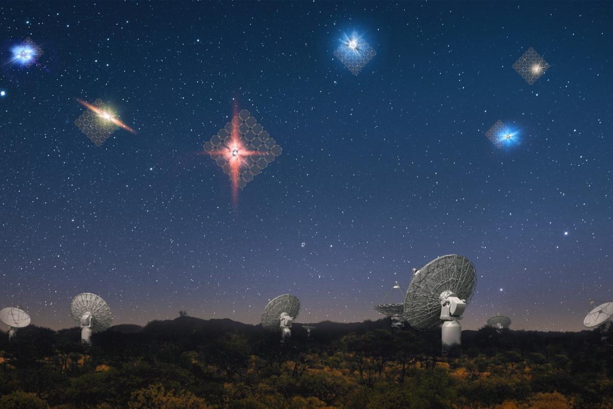 An artist's rendition of fast radio bursts, being detected by the ASKAP telescope in Western Australia