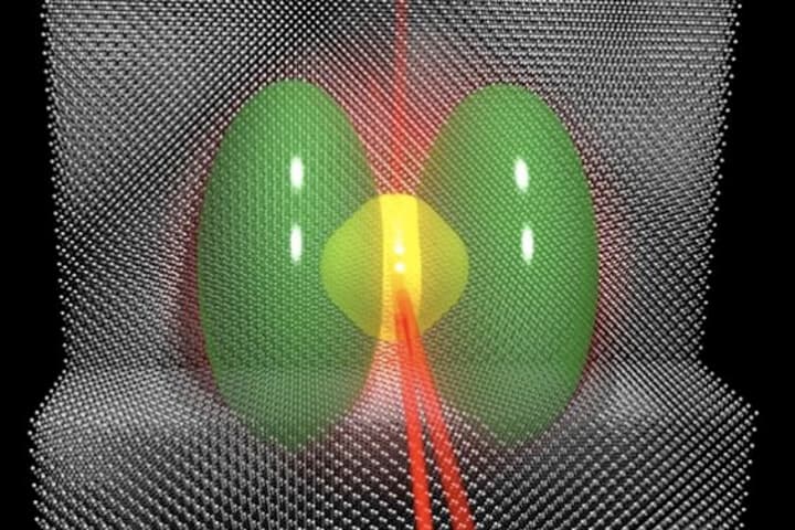 A high-energy laser pulse (red) can modify the state of a phosphorus electron (yellow) within silicon (gray) so that its density distribution becomes the one highlighted in green. The output laser beams provide information on the superposition that was just created