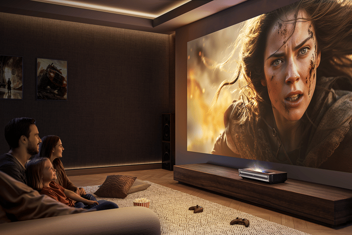 The PX3-Pro Laser Cinema ultra-short-throw projector can snuggle up close to the wall while throwing up 150-inch 4K Dolby Vision visuals