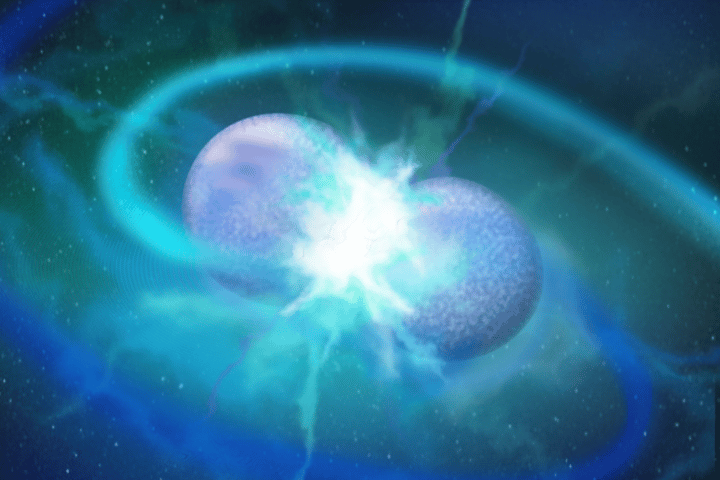 An artist's illustration of a pair of white dwarfs merging, which is one theory for how the new type of stars were formed