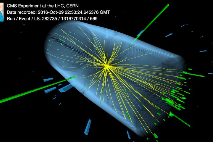 A visual representation of a 2016 event in which the Higgs boson decayed into two photons (their energy deposits shown as the green lines), which helped scientists narrow down the mass of the particle