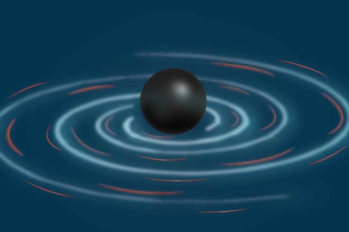 An artist's impression of a black hole ringing after a collision, producing gravitational waves that can be predicted through general relativity (blue waves), as well as potential deviations (red) that could hint at other theories of quantum gravity