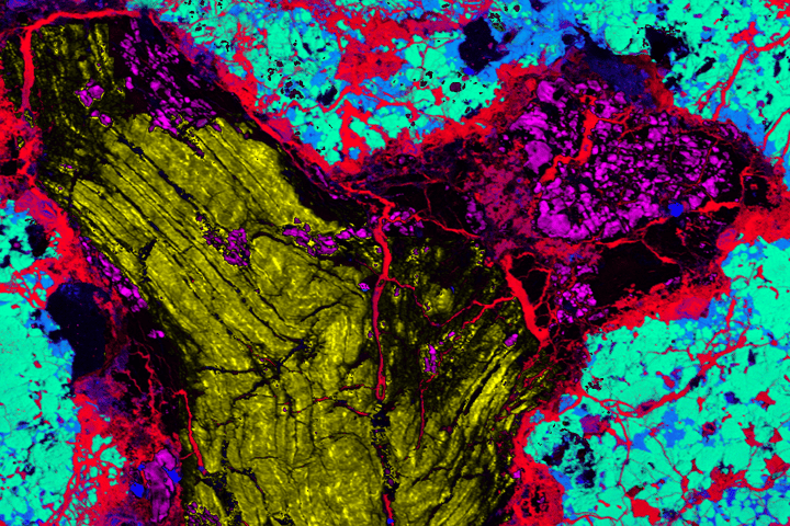 An electron probe microanalyser image of a meteorite fragment, showing different minerals present. Iron (red), magnesium (green), silicon (blue), lonsdaleite (yellow), and diamond (pink)