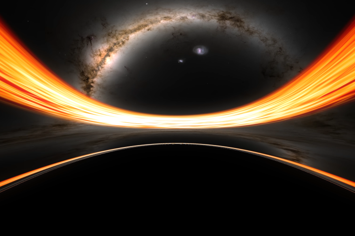 A still from a simulated video showing what it looks like to fall into a supermassive black hole