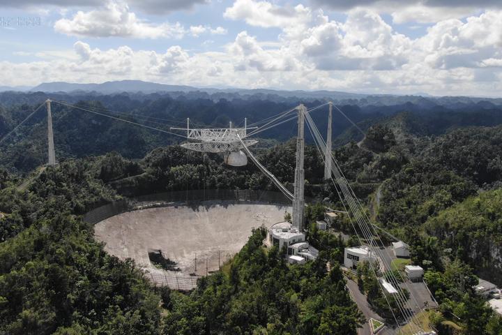 The Arecibo radio telescope after the second cable failure in November 2020