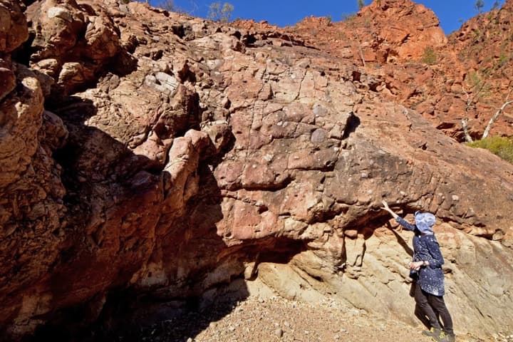Lead author Adriana Dutkiewicz points to deposits left behind during the Sturtian glaciation in Australia's northern Flinders Ranges