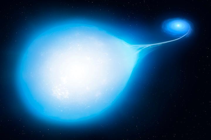 An artist's illustration of a hot subdwarf star being stretched into a teardrop shape by a nearby white dwarf – which will eventually spell doom for both of them