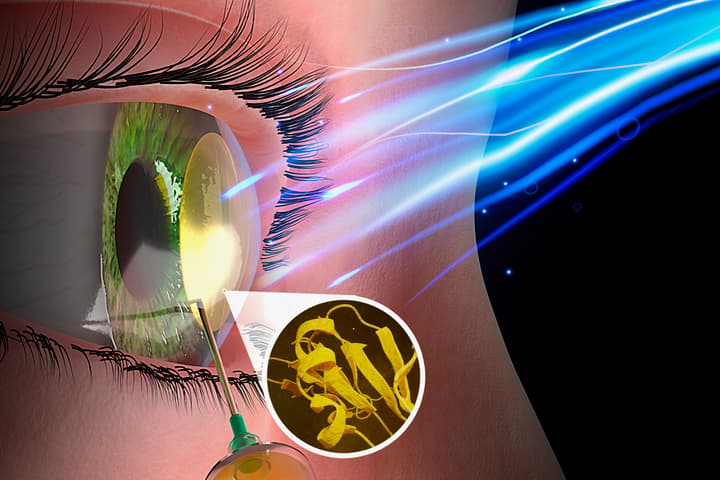 After being injected into a surgically created pocket in the cornea, the biomaterial forms into a transparent corneal-tissue-like 3D structure when exposed to low-energy blue light