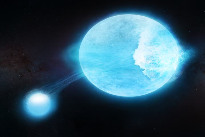 An artist's impression of MACHO 80.7443.1718, a binary system where a small star whips up gigantic tidal waves on its colossal companion