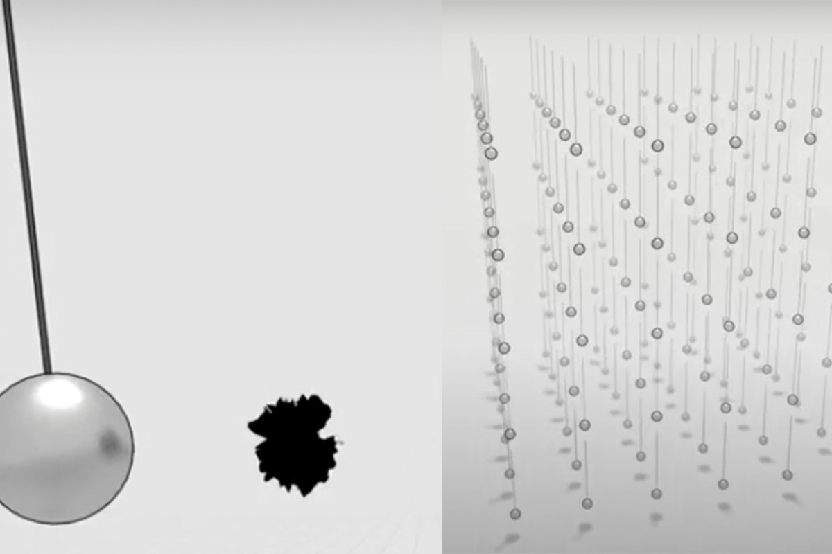 An illustration of how the new dark matter detector would work. Left: a pendulum is dragged towards a passing dark matter particle. Right: An array of these pendulums would highlight when a particle passes through