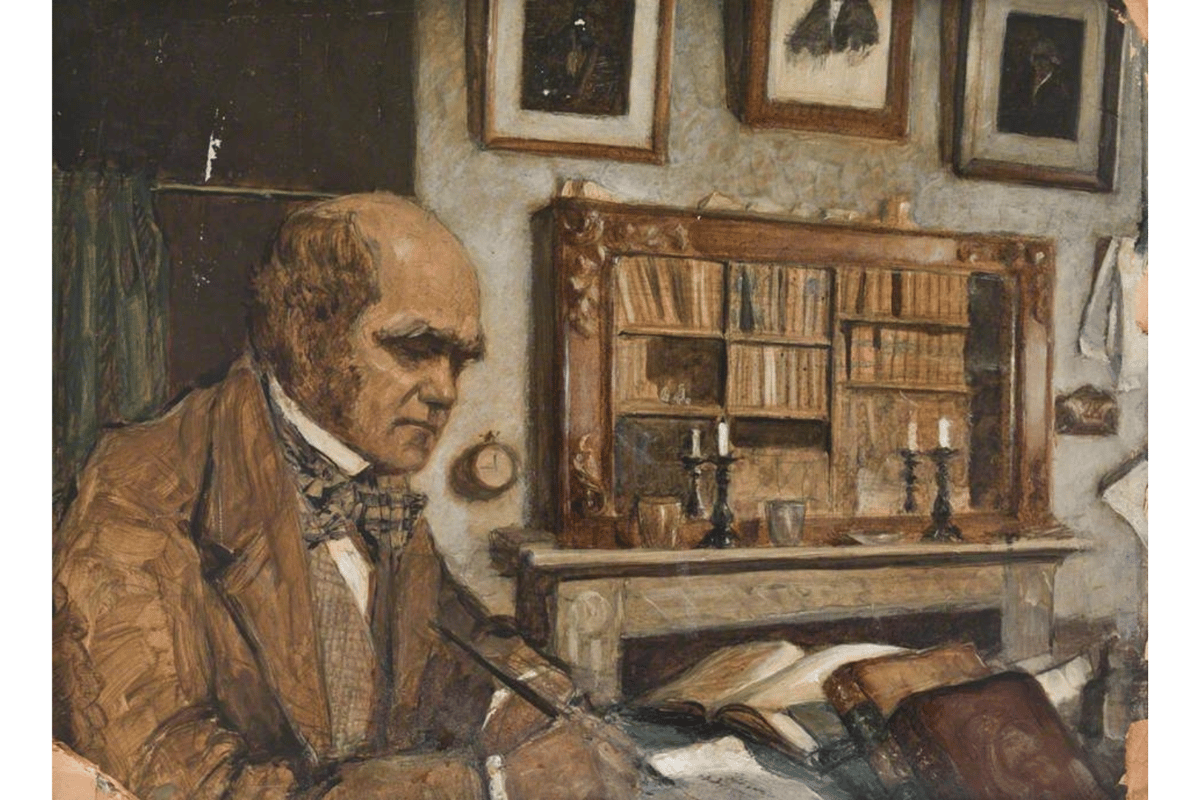 Oil painting of Charles Darwin in his study at Down House with one of his bookcases, that made up his extensive personal library, reflected in the mirror