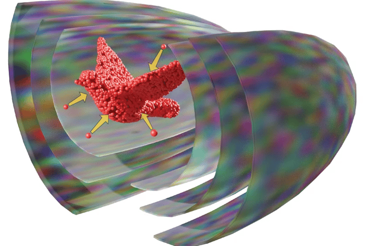 An artist's impression of the acoustic hologram system producing a 3D dove shape out of suspended particles