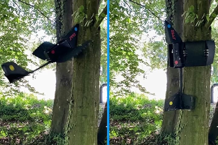 The PercHug UAV crashes into poles and trees, passively transitions to a vertical orientation and then wraps its wings around to perch