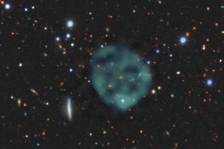 The first discovered odd radio circle (ORC), clearly visible in radio images as a blue/green blob