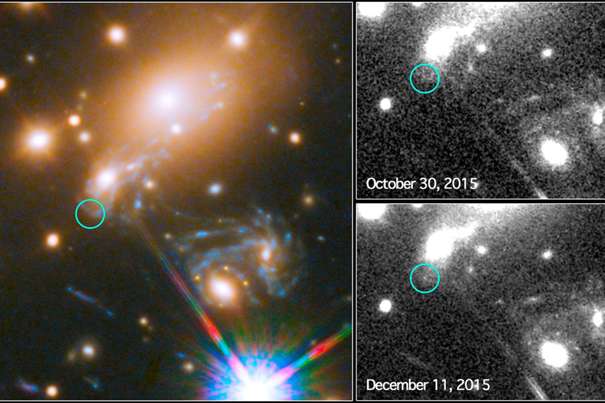 The left-hand image displays the location of the Refstal supernova in a larger context, while the image on the top right shows a Hubble search for the Refstal supernova prior to the occurrence – the bottom right image displays the location of the now-visible supernova