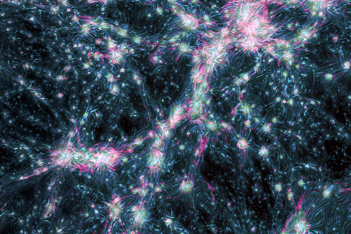 A composite simulation image consisting of radio, magnetic fields and gases