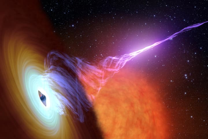 An artist's impression of a supermassive black hole firing off a plasma jet, which CERN scientists have now recreated in the lab