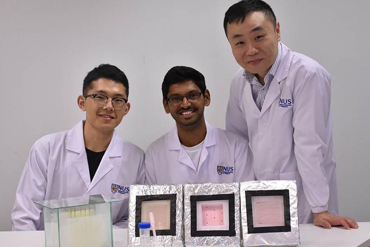 The research team (led by Tan Swee Ching, at right) with samples of the hydrogel