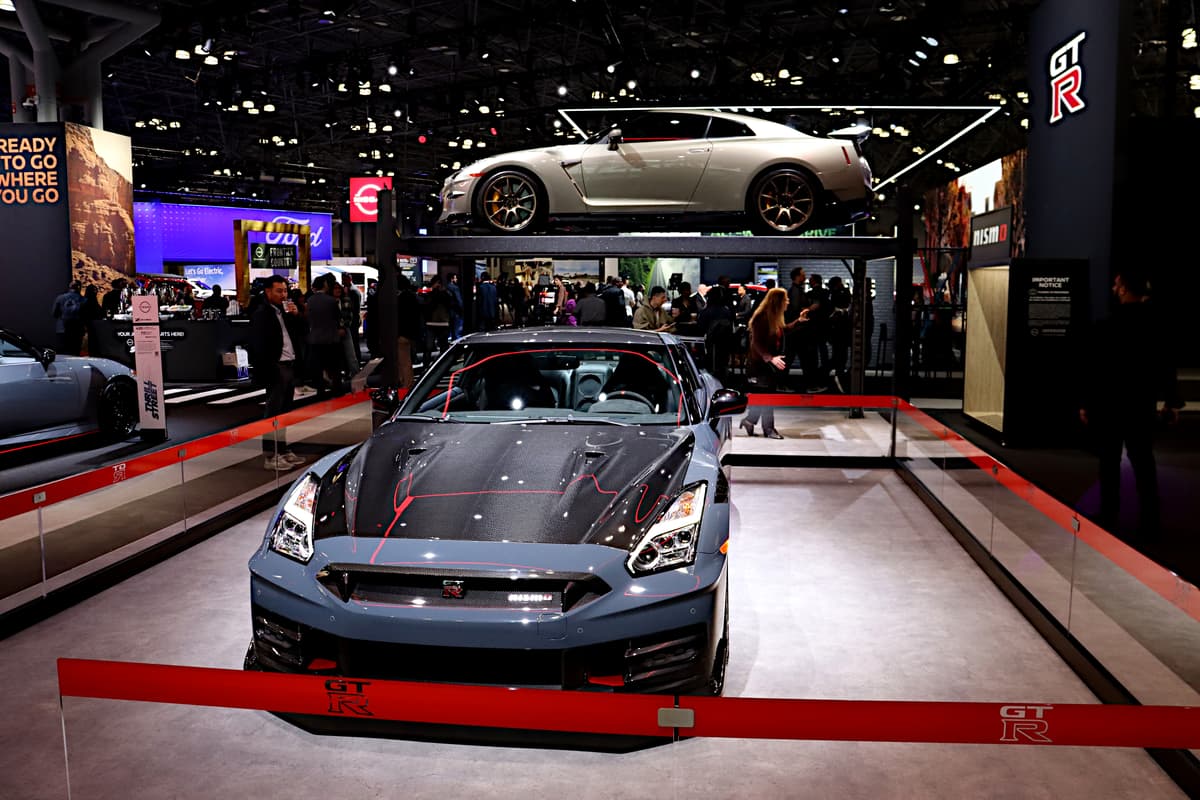 This arrangement of hot GT-R models sits front and center in Nissan's booth at the New York auto show