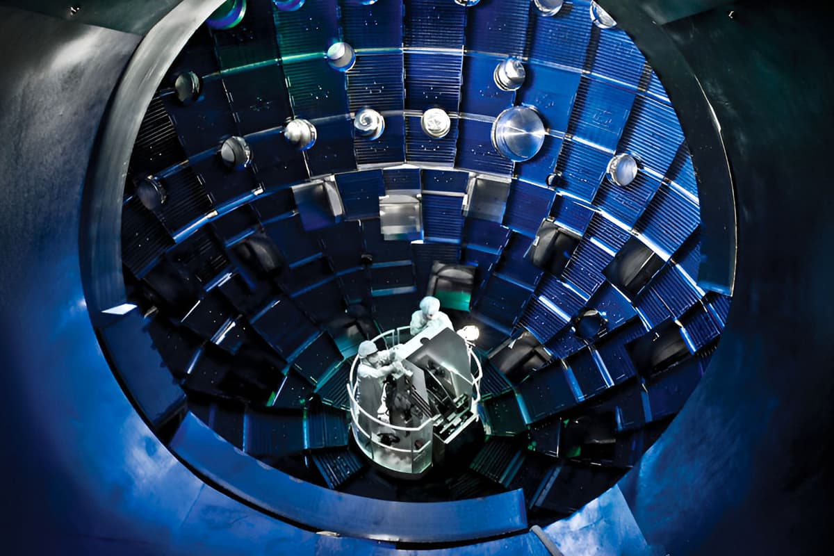 The NIF Target Chamber at Lawrence Livermore National Labs, where a laser-based fusion approach achieved scientific breakeven in December 2022