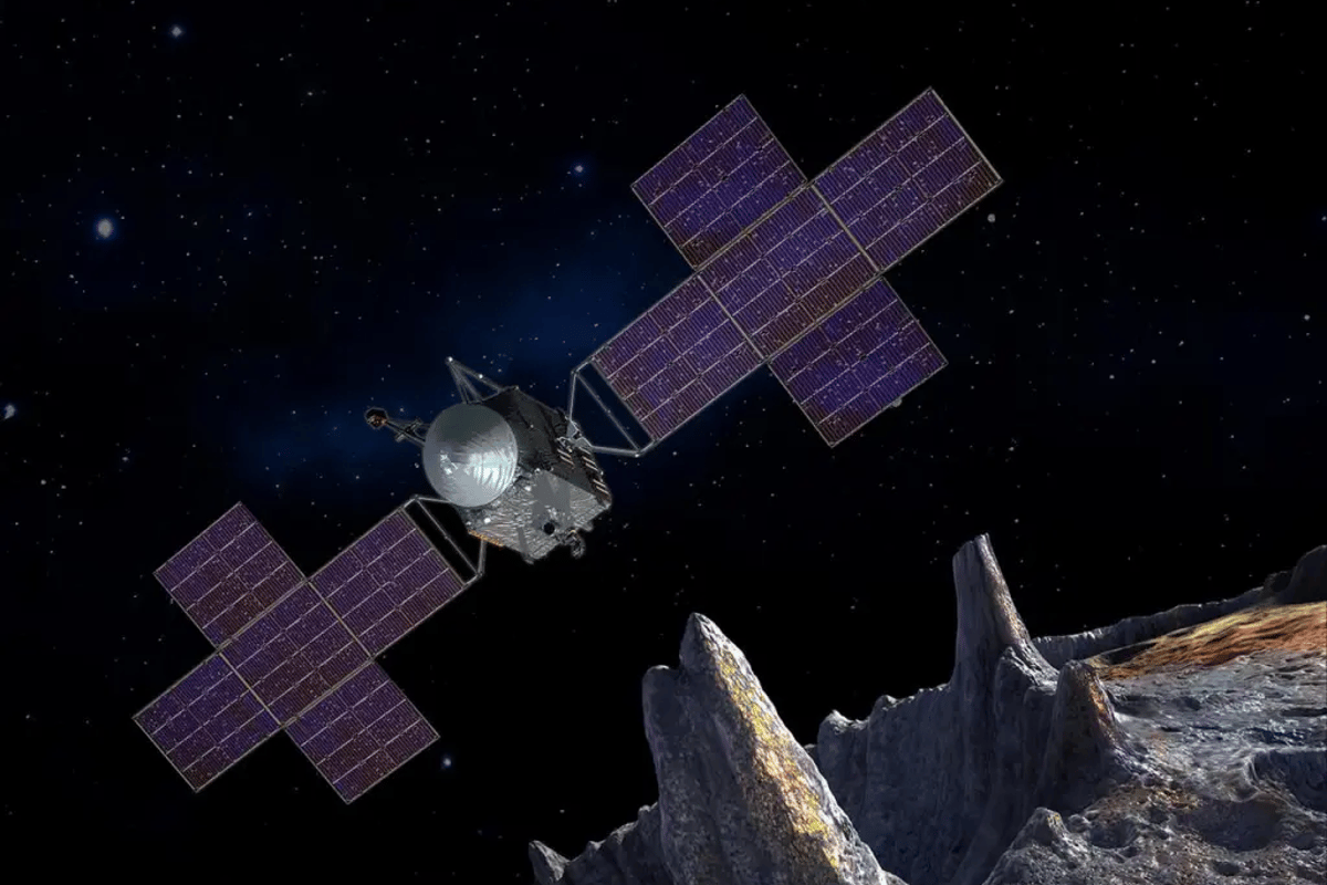 An artist's impression of Psyche, orbiting near the asteroid of the same name