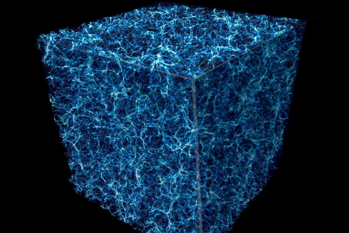 This simulated image shows a cube slice of the "cosmic web" structure that permeates the cosmos, with blue and white representing galaxies and the darker sections representing voids with very little matter