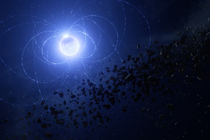 An artist's impression of a white dwarf with a metal "scar" (the dark spot near its pole) caused by the destruction of planets and asteroids