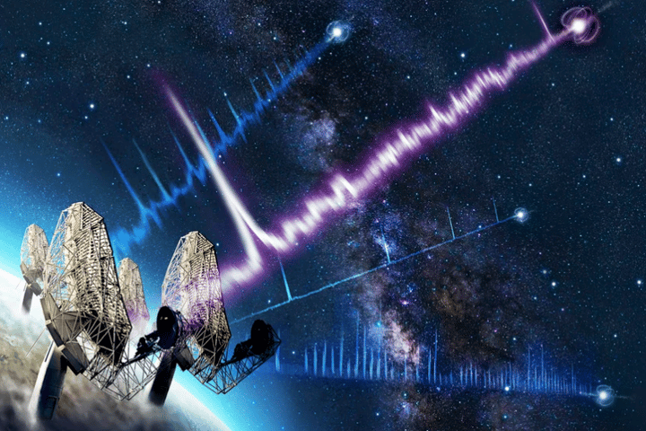 An artist's illustration of the newly discovered ultra-slow period neutron star (magenta), compared to the signals from more common pulsars (blue)