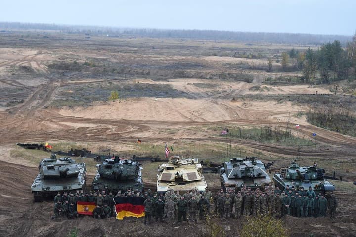 Leopard 2, Challenger 2, and M1 Abrams tanks on NATO exercises
