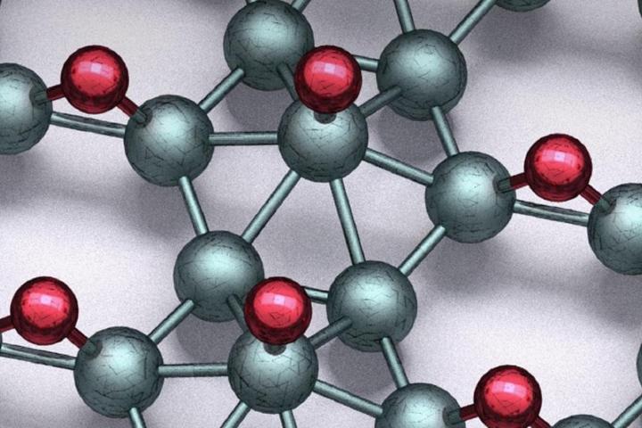 Image depicting the structure of borophane, made up of boron atoms (teal) and hydrogen atoms (red)