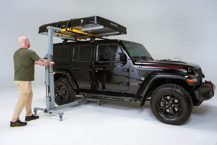 Bad Boy inventor John Cullinan uses the device to install a rooftop tent on a Jeep Wrangler