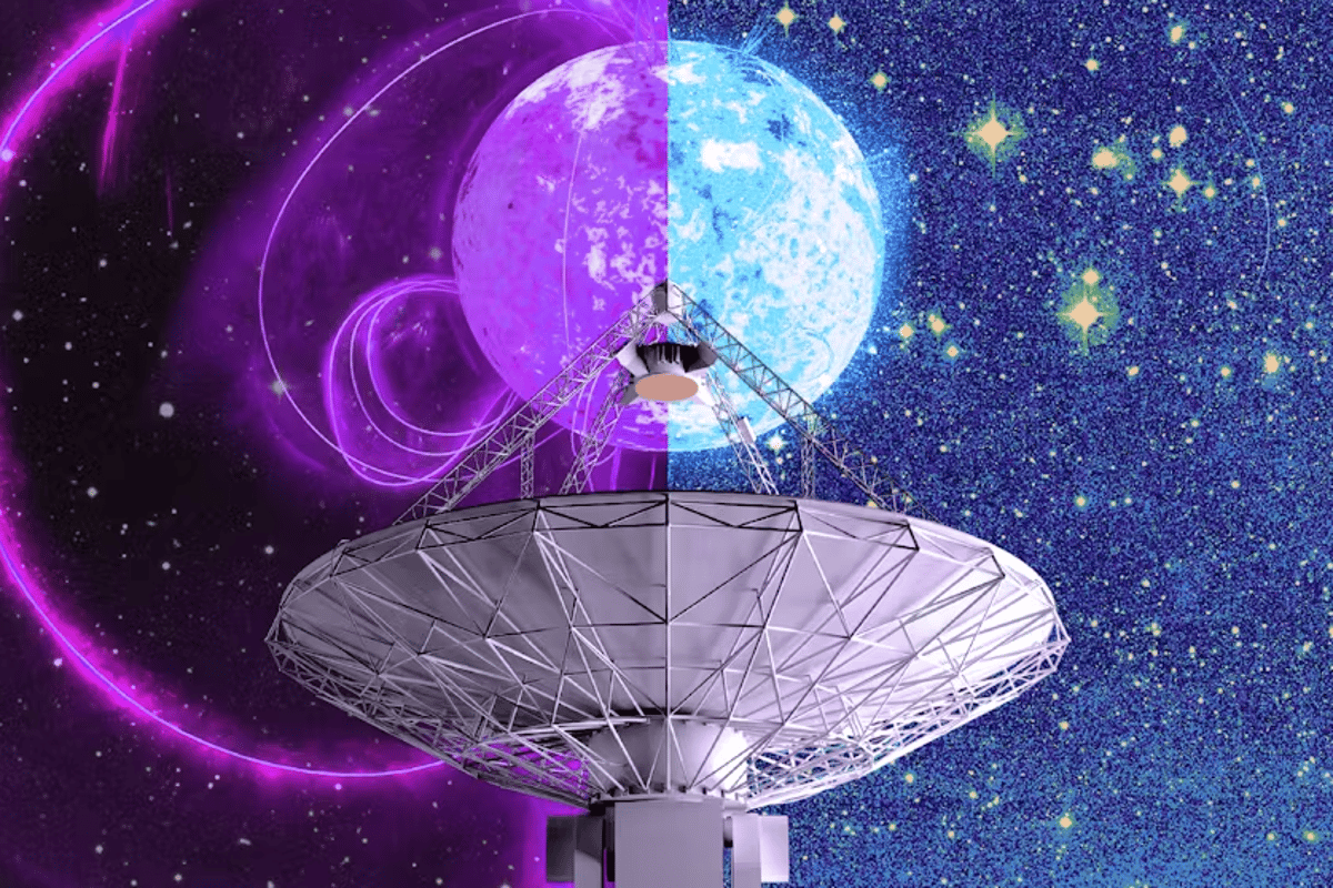 An artist's impression of ASKAP with the two most likely candidates for the repeating radio signal it's found