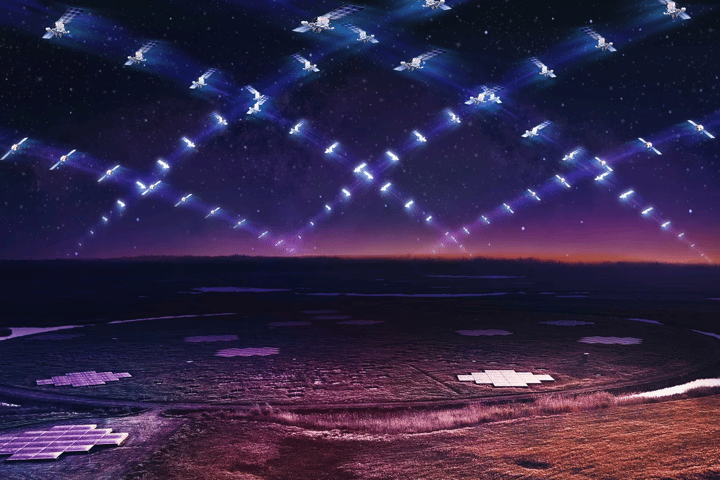 An artist's impression of a Starlink satellite constellation orbiting above the LOFAR radio telescope