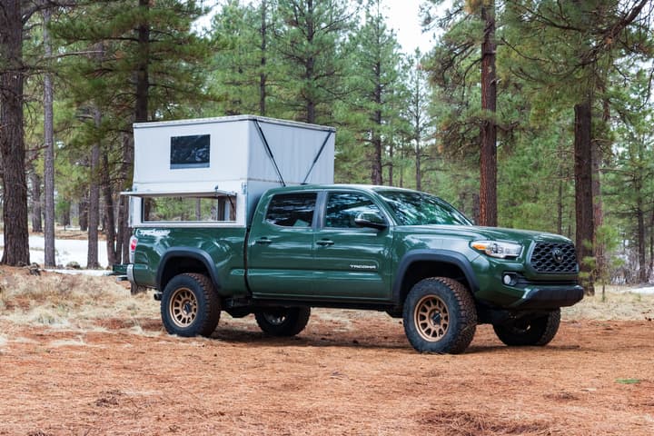 Ovrlnd Bivy based on a Toyota Tacoma midsize pickup; Ovrlnd also offers the new pop-topper in full-size truck variants