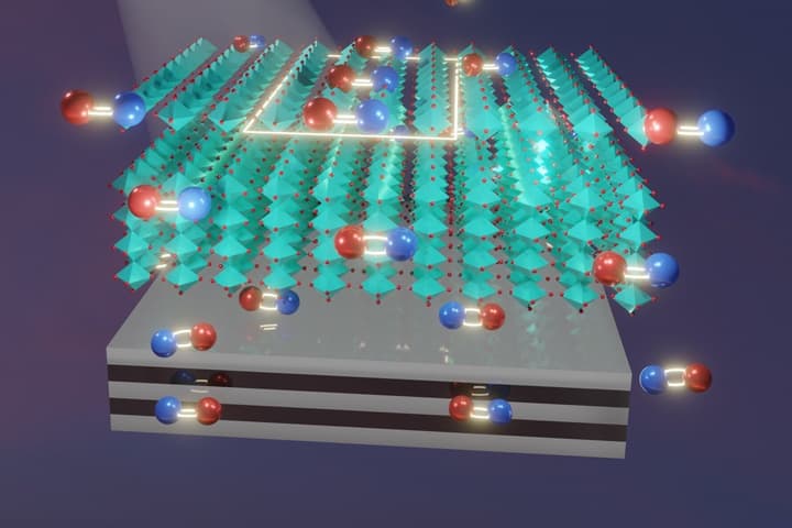 An artist's impression of a perovskite (cyan) solar cell with a new layer of material underneath (gray), which boosts efficiency by creating reflections of electron-hole pairs (red and blue)