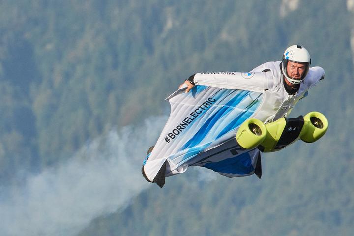 Austria's Peter Salzmann powers through the air in his 300-km/h, twin-impeller electric wingsuit