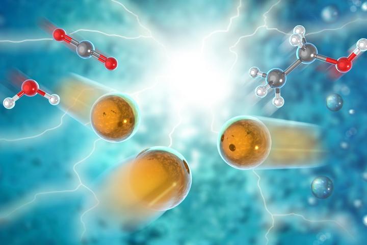 Artist's rendering of electrocatalytic process for conversion of carbon dioxide and water into ethanol