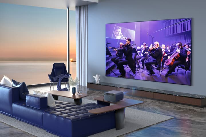 The KJM K3 1080p projector has a throw ratio of 1.29:1 for HDR10 visual up to 200 inches