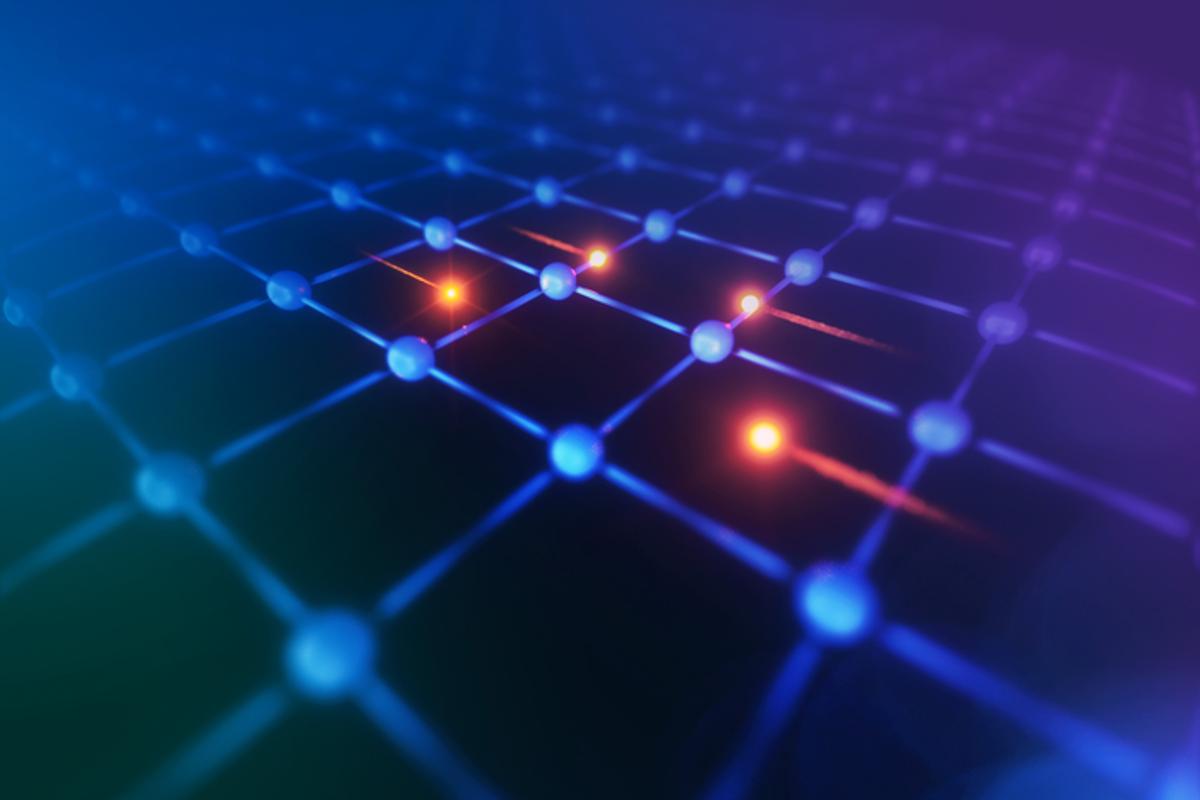 An artist's impression of four electrons bound in a family, inside a lattice of a superconductor material