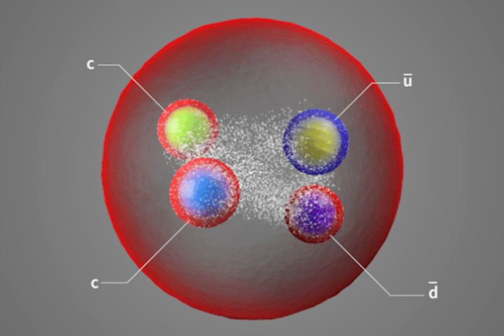 An artist's impression of the exotic new particle, Tcc+, which is made up of two charm quarks, an up antiquark and a down antiquark