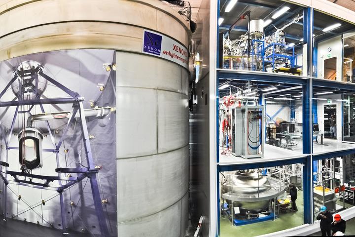 The XENON1T facility, on the left is the water tank containing the instrument itself, with a poster showing what's inside – on the right is the three-story service building