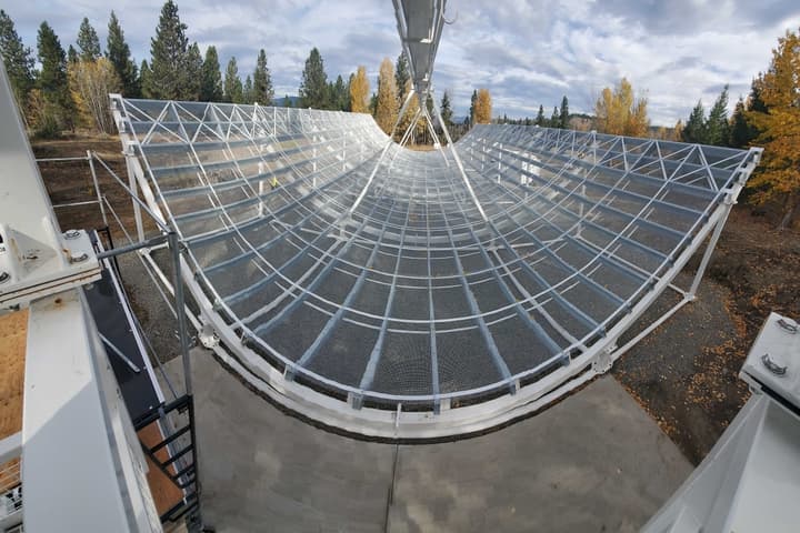 One section the CHIME radio telescope in Canada, which has proven indispensable for detecting fast radio bursts (FRBs)